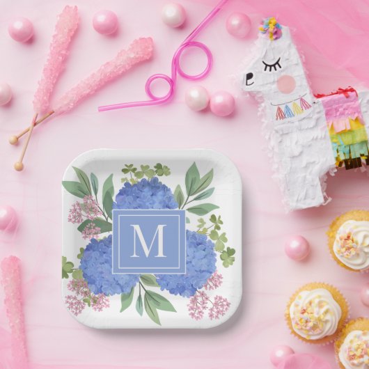 Assiettes En Carton Hydrangée bleue Bouquet moderne Monogramme personn (Fête)