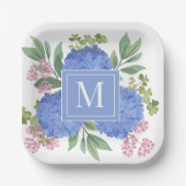 Assiettes En Carton Hydrangée bleue Bouquet moderne Monogramme personn (Recto)