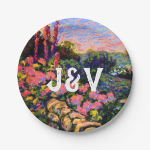 Assiettes En Carton Hydrangée rose, jardin luxuriant & Initiales