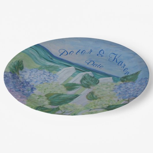 Assiettes En Carton Hydrangées Au Bord De La Plage Mariage (Angle)