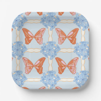 Assiettes En Carton Hydrangées bleues et papillons roses et orange