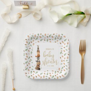 Assiettes En Carton hydrocouleur neutre baby shower animal Woodland