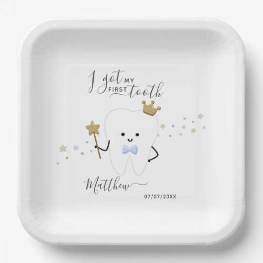 Assiettes En Carton I got my first tooth Baby Boy Teething Date Squar (Recto)