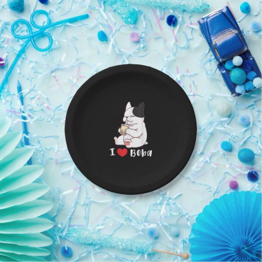 Assiettes En Carton I Love Boba Bubble Thé Chien Coupe Français Bulldo (Fête)