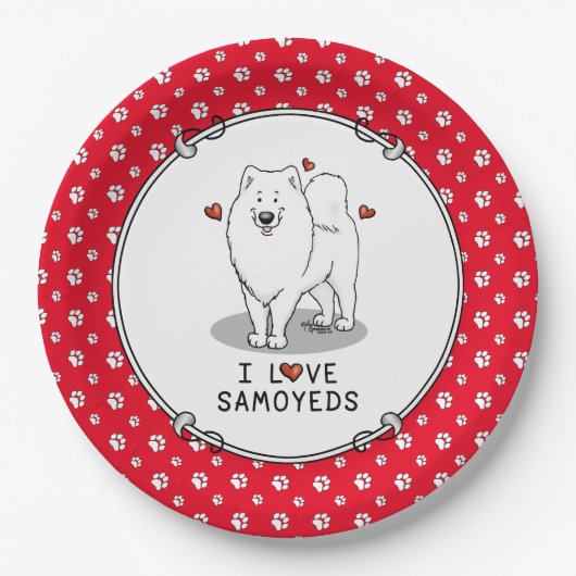 Assiettes En Carton I Love Samoyeds - chien coeurs mignons Sammie drôl (Devant)