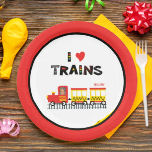 Assiettes En Carton I Love Trains Colorful Kids Photo and Name Party