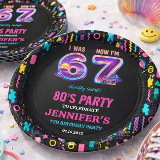 Assiettes En Carton I Was 6 Now I’m 7 Retro Neon 7th Birthday for Kids