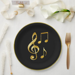 Assiettes En Carton Icônes musicales, cercle doré sur fond noir,