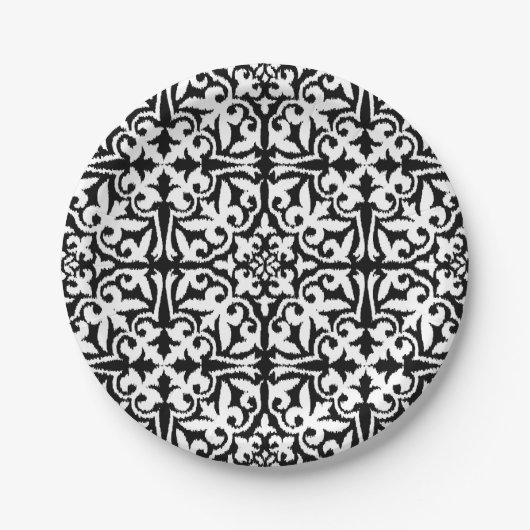 Assiettes En Carton Ikat damask pattern - noir et blanc (Devant)