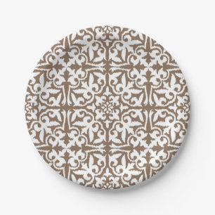 Assiettes En Carton Ikat damask pattern - Taupe Tan et Blanc