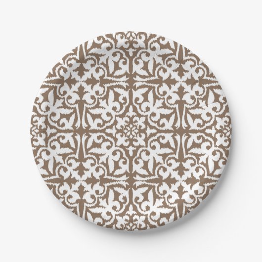 Assiettes En Carton Ikat damask pattern - Taupe Tan et Blanc (Devant)