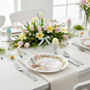 Assiettes En Carton Il est ressuscité couronne florale bohème Pâques