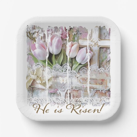 Assiettes En Carton Il est ressuscité Tulipe de Pâques Croix Chrétien (Recto)