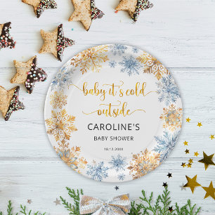 Assiettes En Carton Il fait froid dehors Flocons de neige dorés Bébé