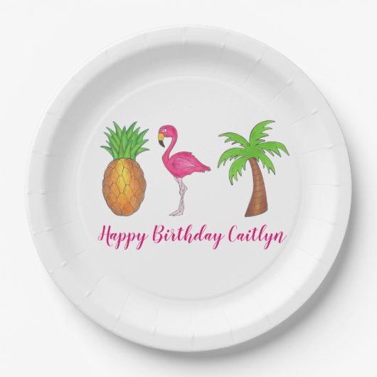 Assiettes En Carton Ile tropicale Palm Tree Ananas Flamant rose rose (Devant)