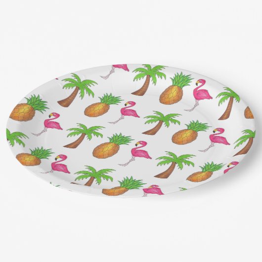 Assiettes En Carton Ile tropicale Palm Tree Ananas Flamant rose rose (Angle)
