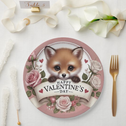 Assiettes En Carton Illustration adorable de Fox avec Rose (Mariage)