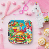 Assiettes En Carton Illustration de bande dessinée Retro Hamburger (Fête)