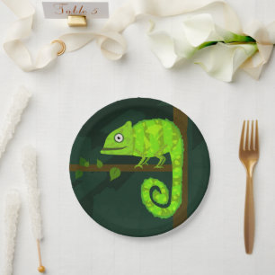 Assiettes En Carton Illustration de caméléon vert mignon Reptile tropi