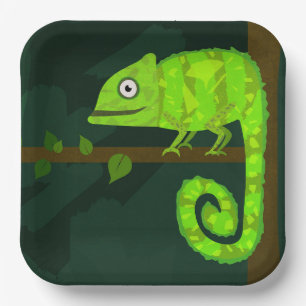 Assiettes En Carton Illustration de caméléon vert mignon Reptile tropi