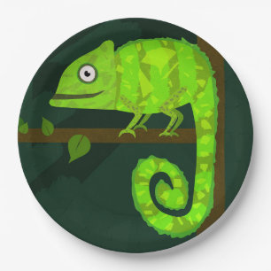 Assiettes En Carton Illustration de caméléon vert mignon Reptile tropi