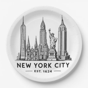Assiettes En Carton Illustration de la skyline de NYC avec la Statue d