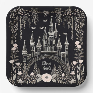 Assiettes En Carton Illustration du château de Fairytale noir et blanc