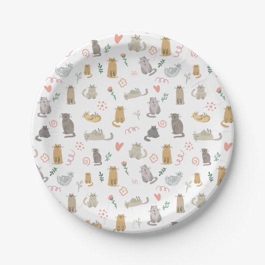 Assiettes En Carton Illustration du Motif de chats mignons en blanc (Devant)