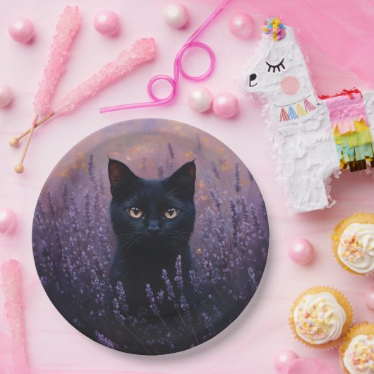 Assiettes En Carton Illustration d'un chat noir dans un champ de lavan (Fête)