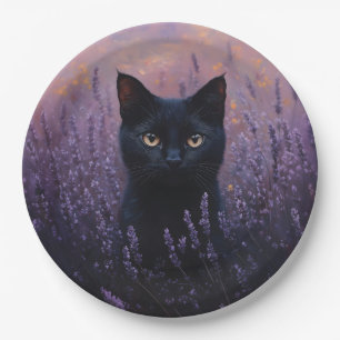 Assiettes En Carton Illustration d'un chat noir dans un champ de lavan