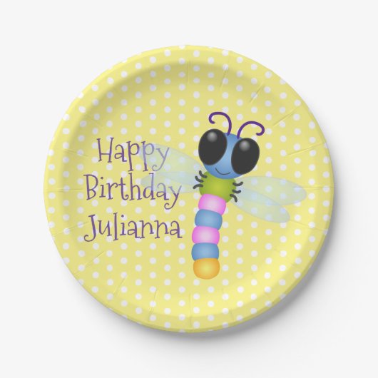 Assiettes En Carton Illustration d'une libellule bleu et rose (Devant)