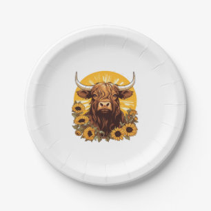 Assiettes En Carton Illustration d'une vache des Highlands avec Sunflo