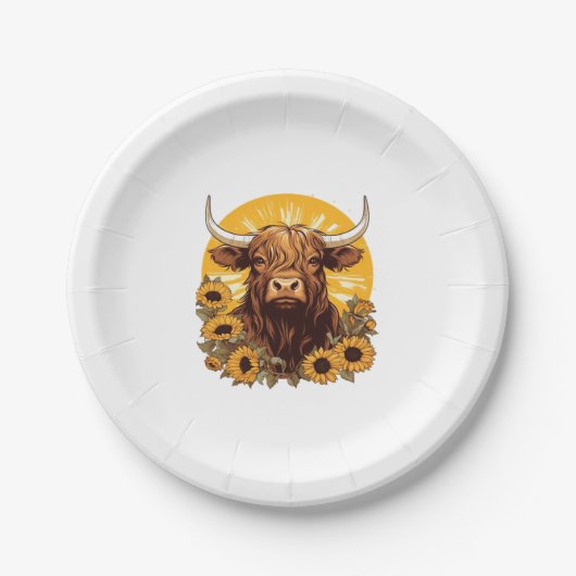 Assiettes En Carton Illustration d'une vache des Highlands avec Sunflo (Devant)