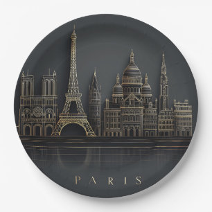 Assiettes En Carton Illustration élégante de la skyline de Paris en or
