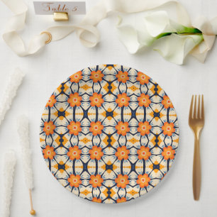 Assiettes En Carton Illustration florale rétro audacieuse en orange
