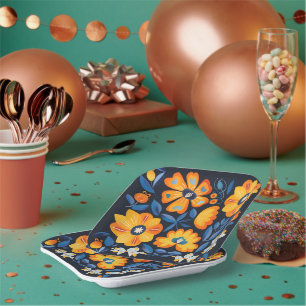 Assiettes En Carton Illustration florale rétro audacieuse en orange et