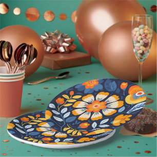 Assiettes En Carton Illustration florale rétro audacieuse en orange et