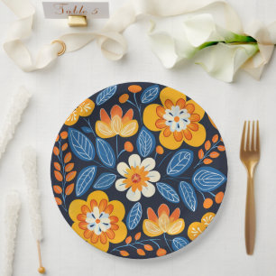 Assiettes En Carton Illustration florale rétro audacieuse en orange et