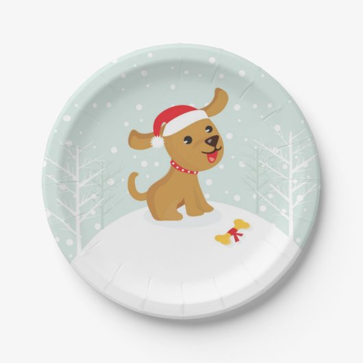 Assiettes En Carton Illustration mignonne d'un chiot dans la neige (Devant)
