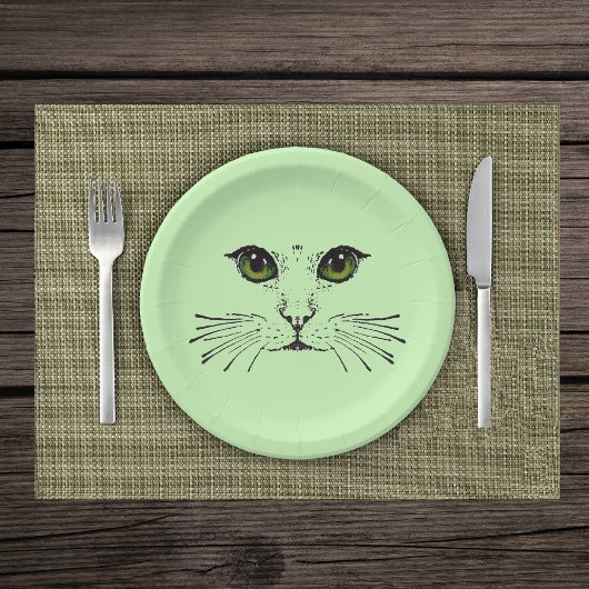 Assiettes En Carton Illustration noire de Cat Face Green Eyes Whiskers