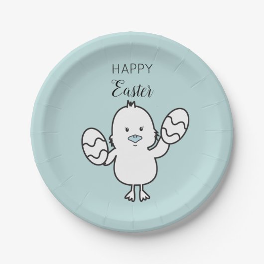 Assiettes En Carton Illustration Pastel Blue Cute Easter Chick & Oeufs (Devant)