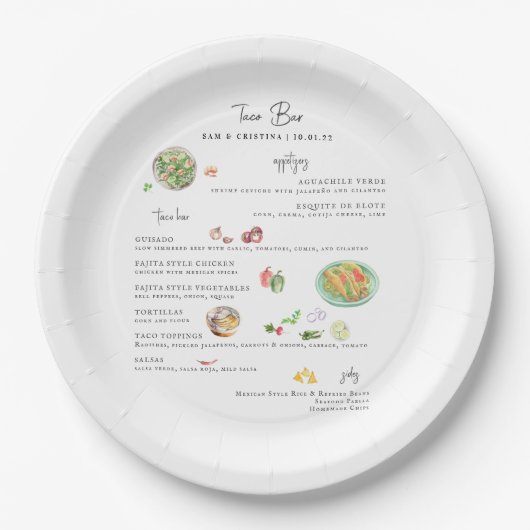 Assiettes En Carton Illustré sur mesure | Menu Mariage Taco Bar (Devant)
