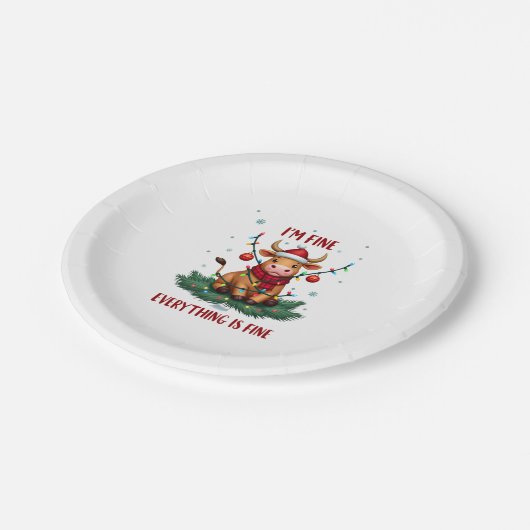 Assiettes En Carton I'm Fine Everything is Fine Christmas Highland Cow (Angle)