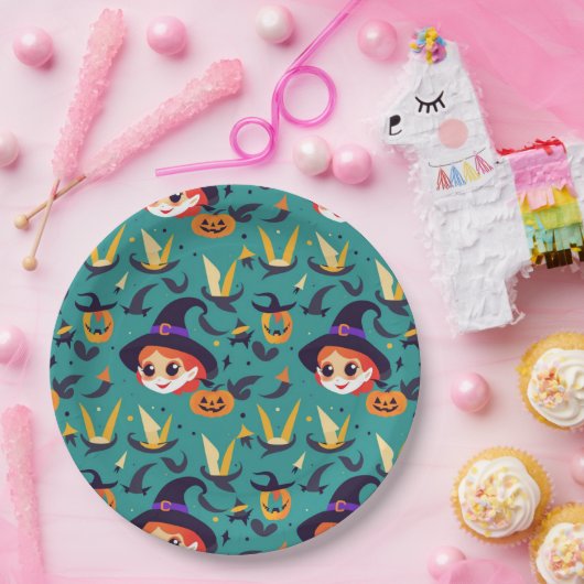 Assiettes En Carton Image d'Halloween avec le visage d'une sorcière he (Fête)