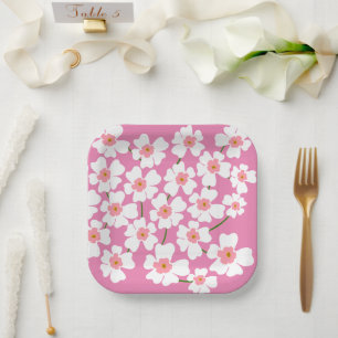 Assiettes En Carton Imaginaire blanc Motif de fleurs  rose Mariage