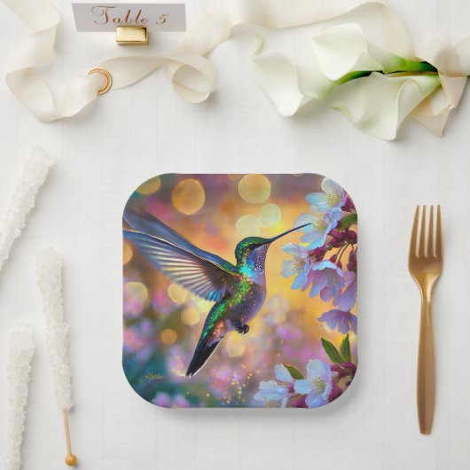 Assiettes En Carton Imaginaire de cerisier en fleurs Hummingbird (Mariage)