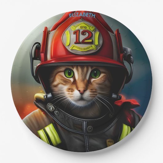 Assiettes En Carton Imaginaire Mignonne Chat Firefighter costume. (Devant)