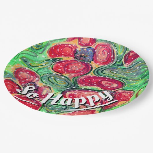 Assiettes En Carton imaginaire "So Happy" Fleurs Rouges (Angle)