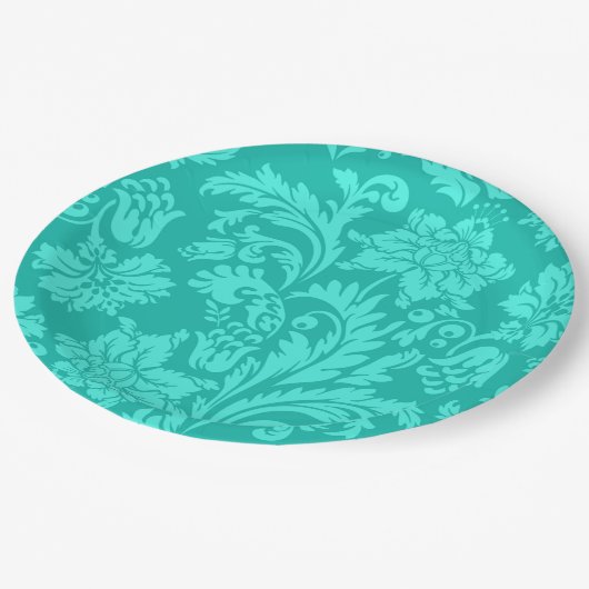 Assiettes En Carton Impression damasée turquoise (Angle)