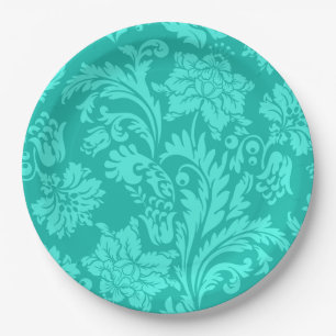 Assiettes En Carton Impression damasée turquoise